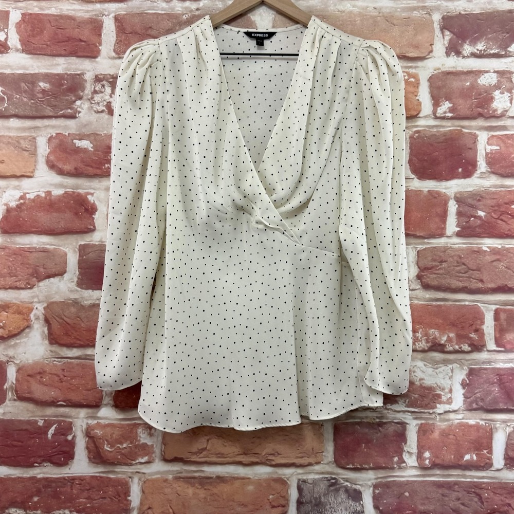 Express Top Womens Large White Black Polka Dot Abstract Chic Casual Career Shirt